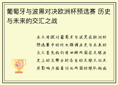 葡萄牙与波黑对决欧洲杯预选赛 历史与未来的交汇之战